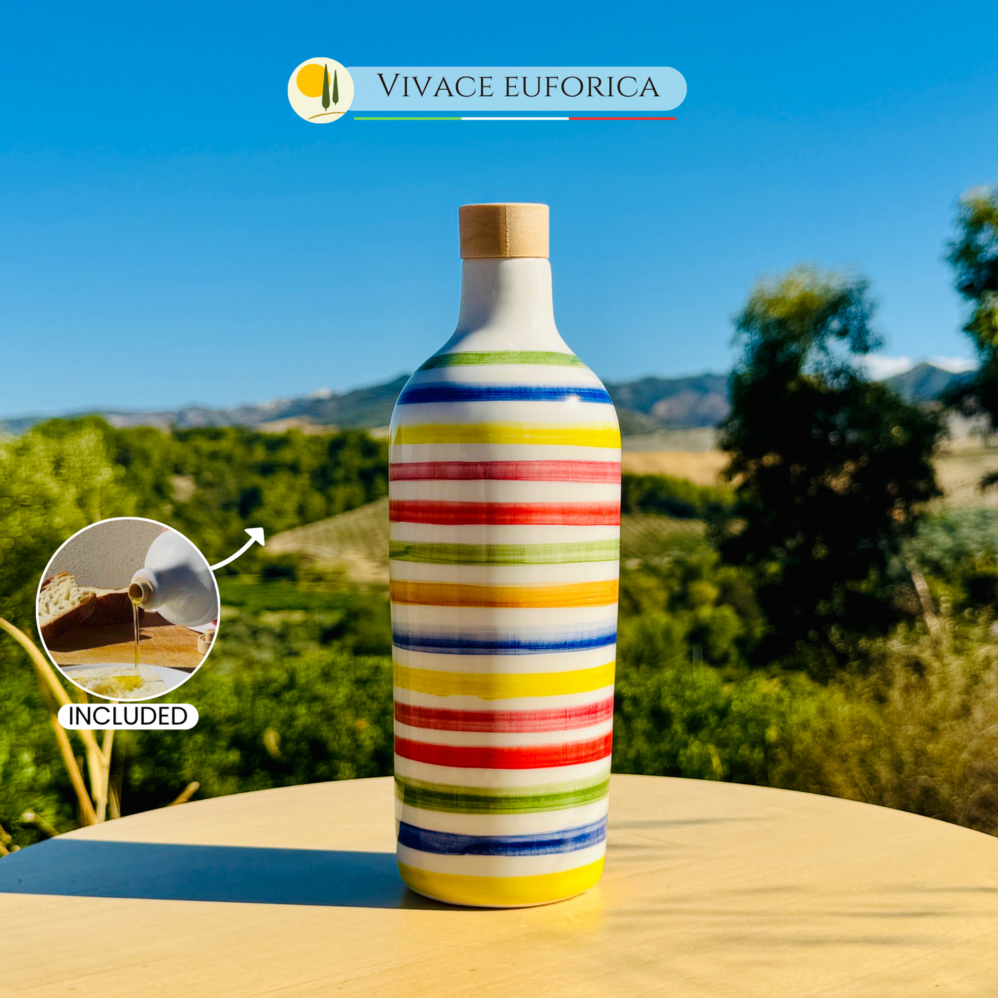 Bunte Keramikflasche Ölspender für Olivenöl handgemacht in Italien "Elegante"