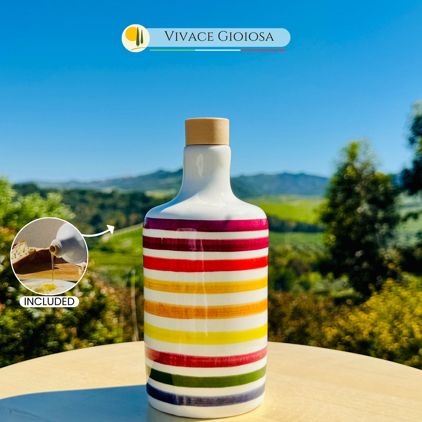 Bunte Keramikflasche Ölspender für Olivenöl handgemacht in Italien