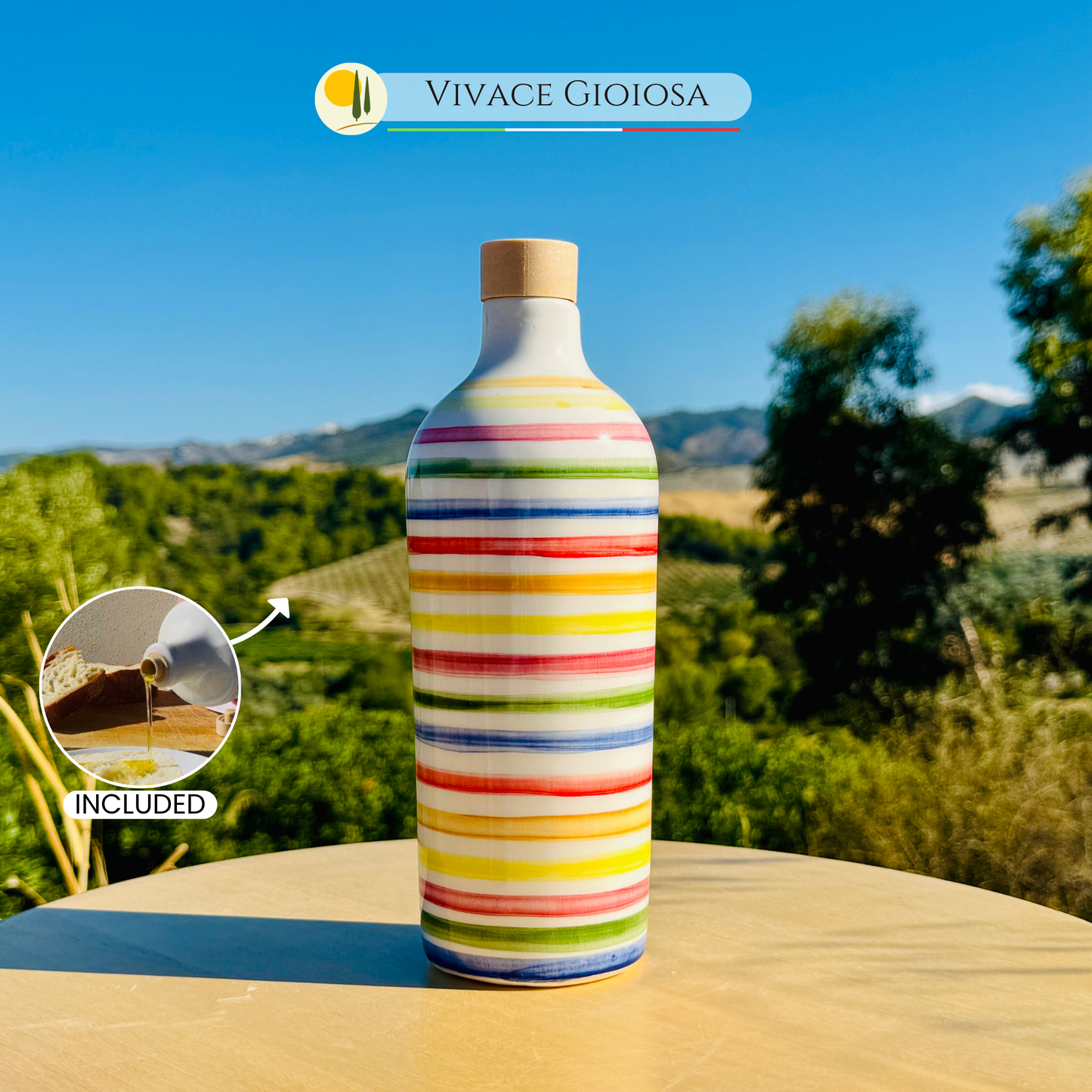 Bunte Keramikflasche Ölspender für Olivenöl handgemacht in Italien "Elegante"