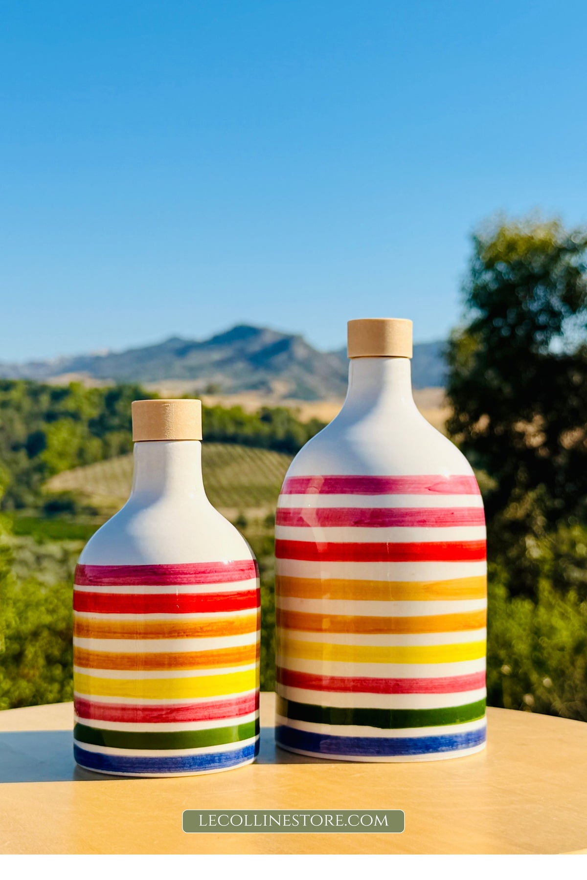 Colorful ceramic bottle oil dispenser for olive oil handmade in Italy