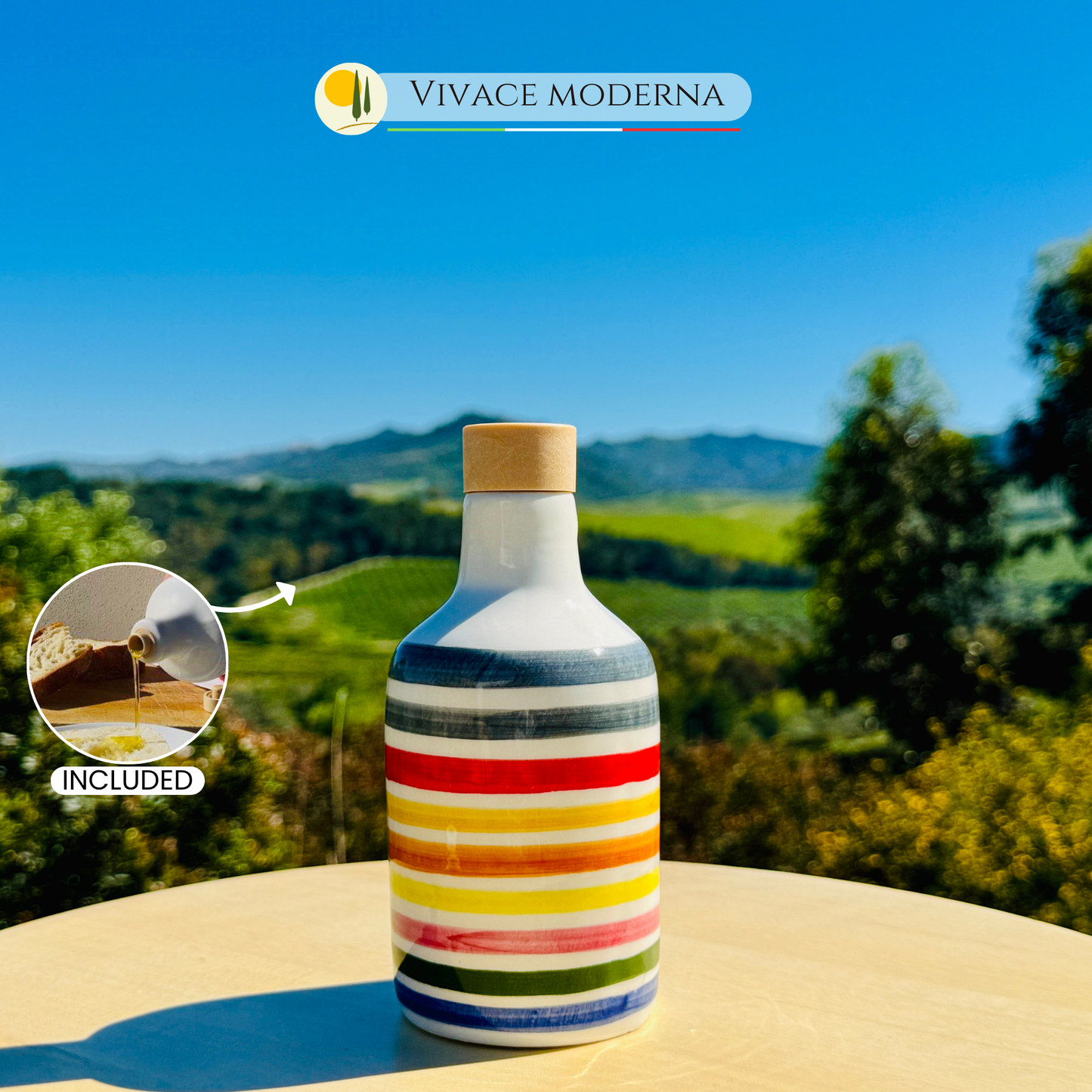 Bunte Keramikflasche Ölspender für Olivenöl handgemacht in Italien