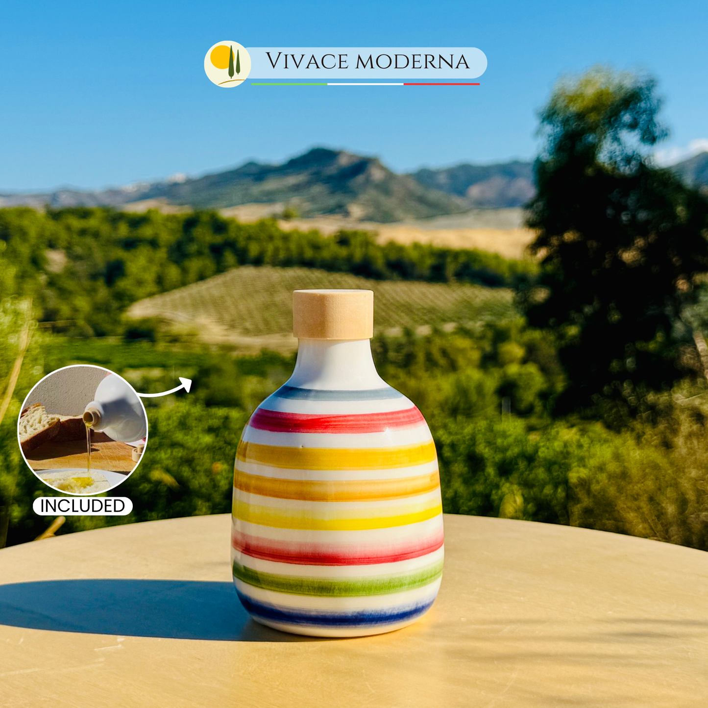 Bunte Keramikflasche Ölspender für Olivenöl handgemacht in Italien "Elegante"