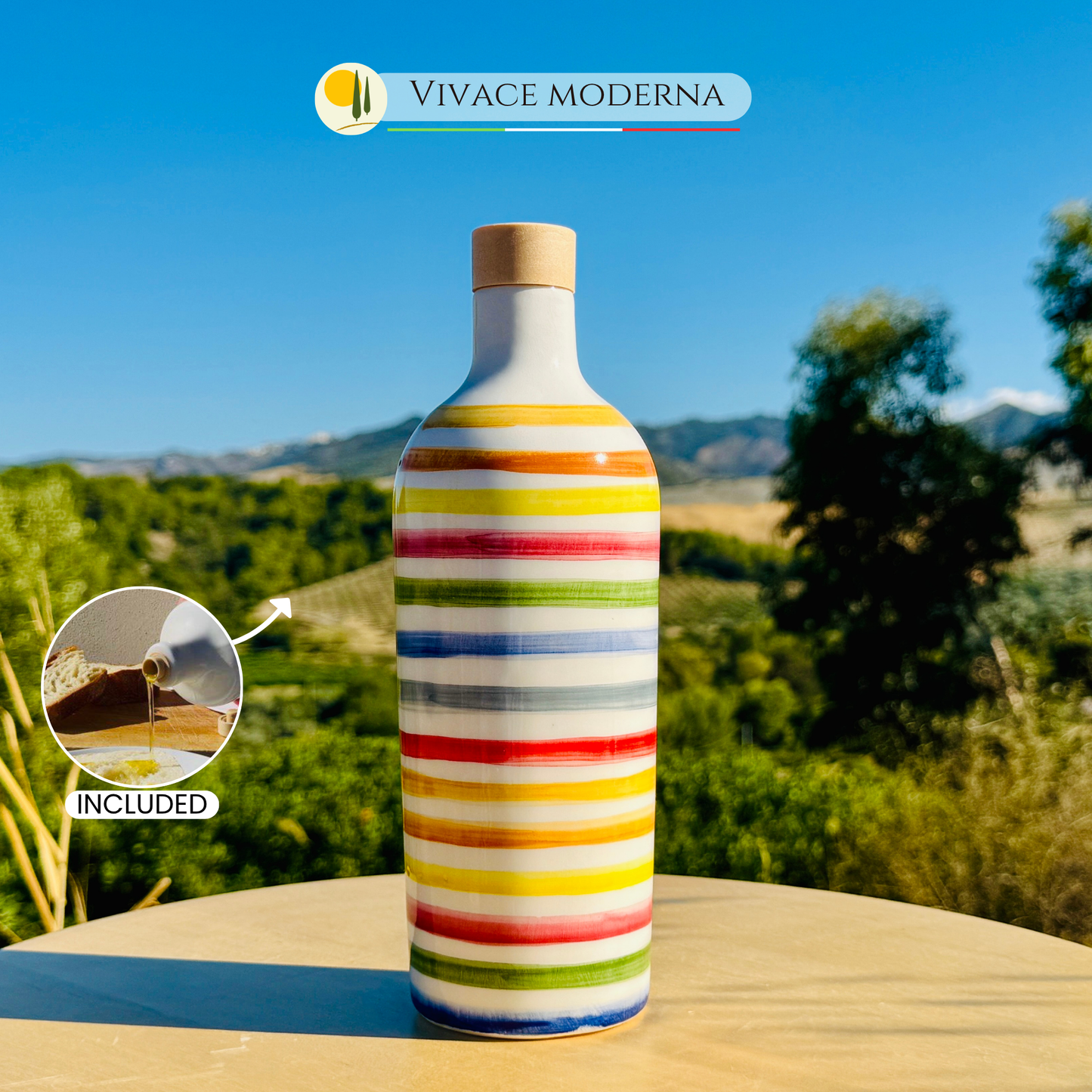 Bunte Keramikflasche Ölspender für Olivenöl handgemacht in Italien "Elegante"