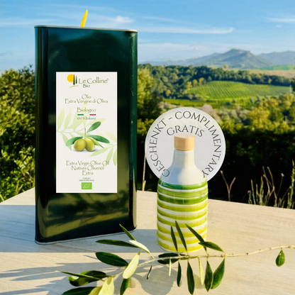 Set Olio di Oliva biologico & Oliera di ceramica con linee verdi fatta a mano in Italia