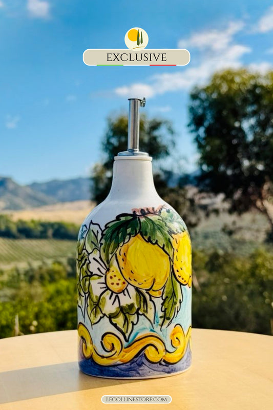 Getöpferte Keramikflasche Ölspender für Olivenöl EXCLUSIVE handbemalt maiolica Decor
