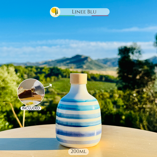 Le Colline – "Linee Blu Elegante" Keramik Ölflasche mit Ausgießer | Handbemalter Ölspender Italienisches Design