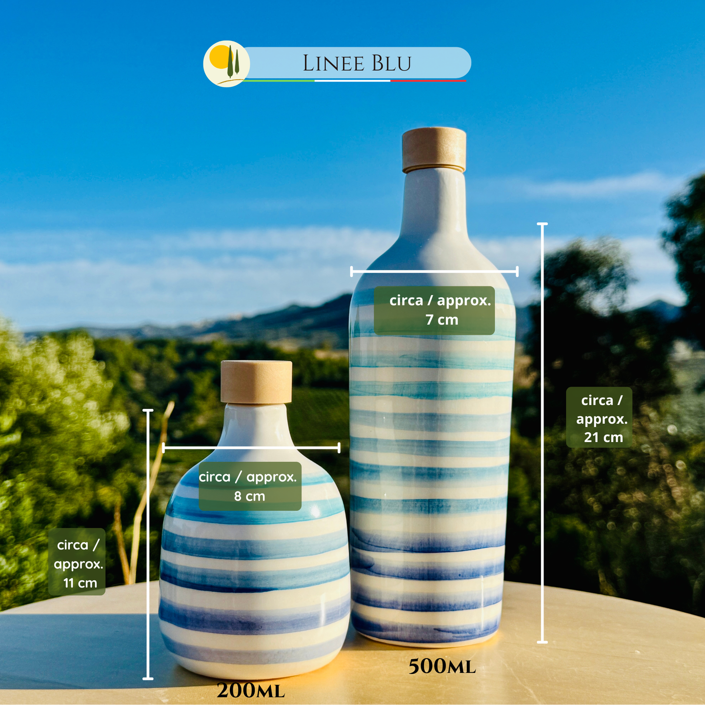 Le Colline – "Linee Blu Elegante" Keramik Ölflasche mit Ausgießer | Handbemalter Ölspender Italienisches Design
