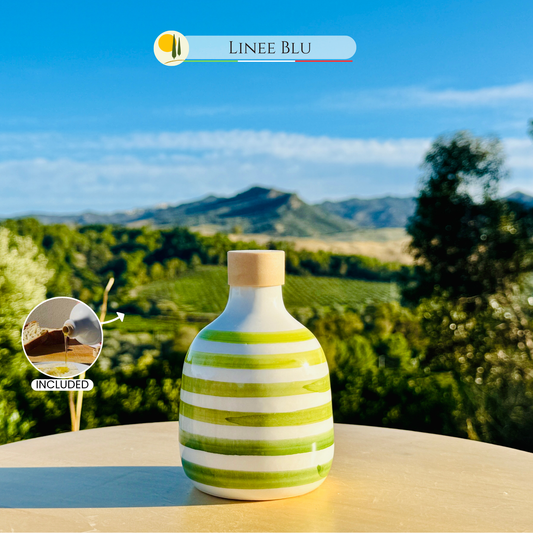 Le Colline – "Linee Verdi Elegante" Keramik Ölflasche mit Ausgießer | Handbemalter Ölspender Italienisches Design | Grüne Linien