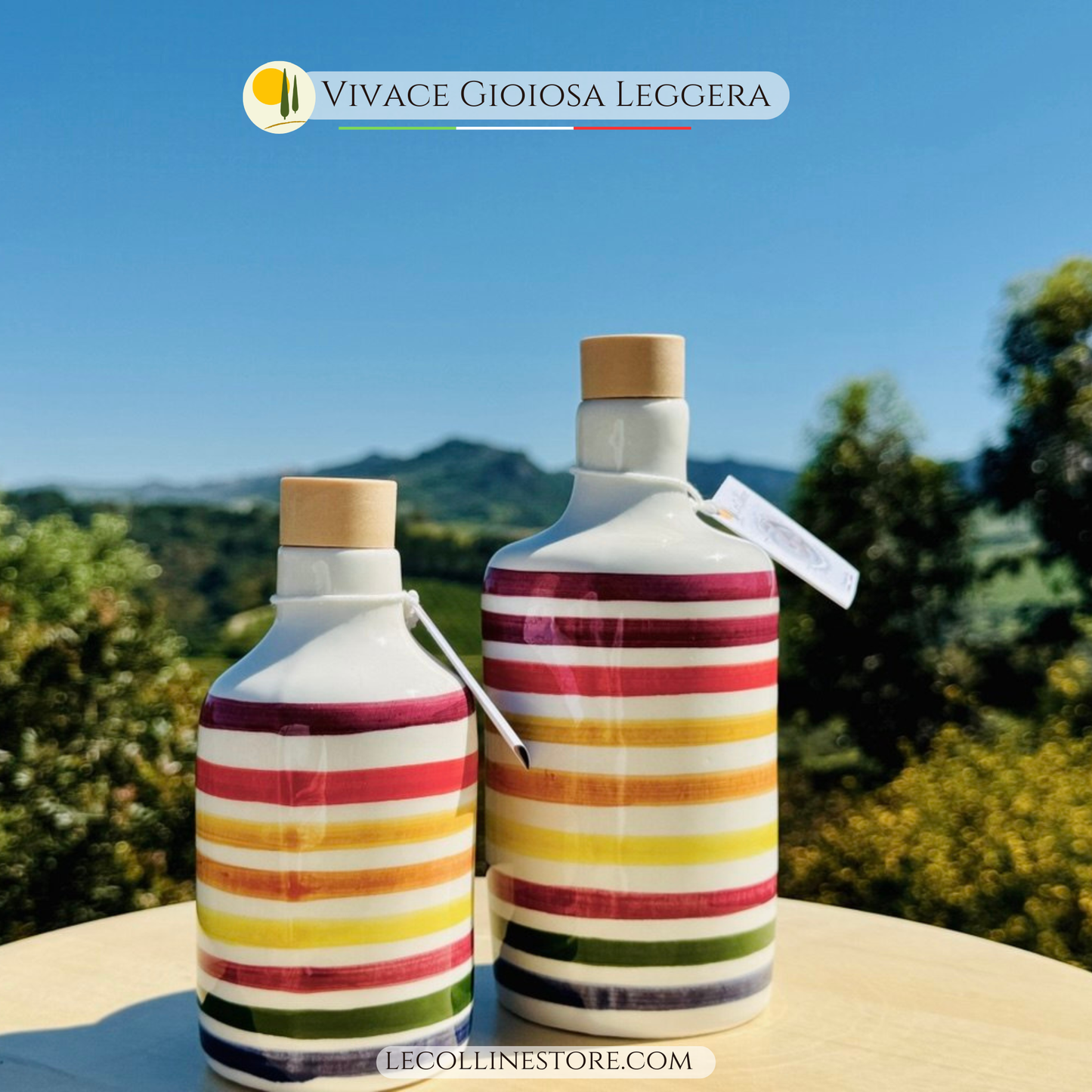 Bottiglia di olio in ceramica colorata per olio d'oliva fatta a mano in Italia