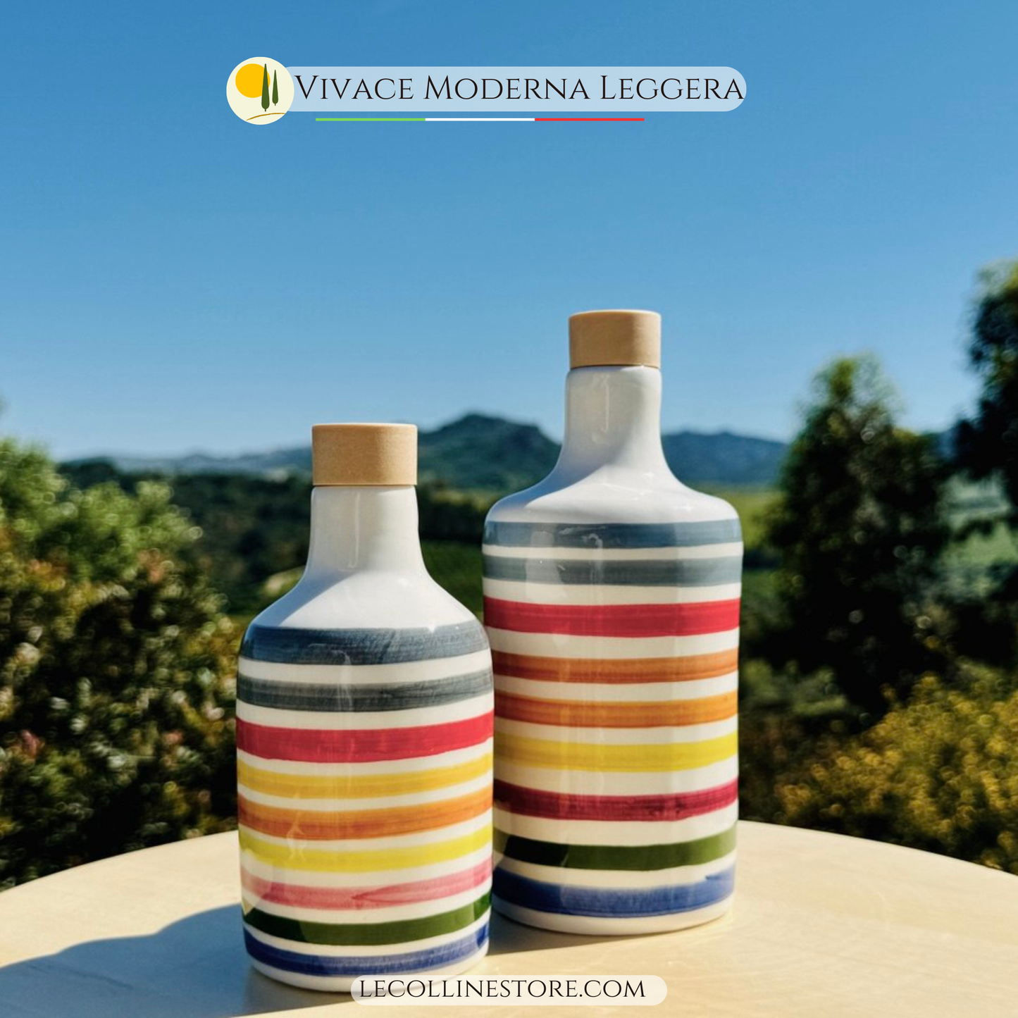 Bottiglia di olio in ceramica colorata per olio d'oliva fatta a mano in Italia