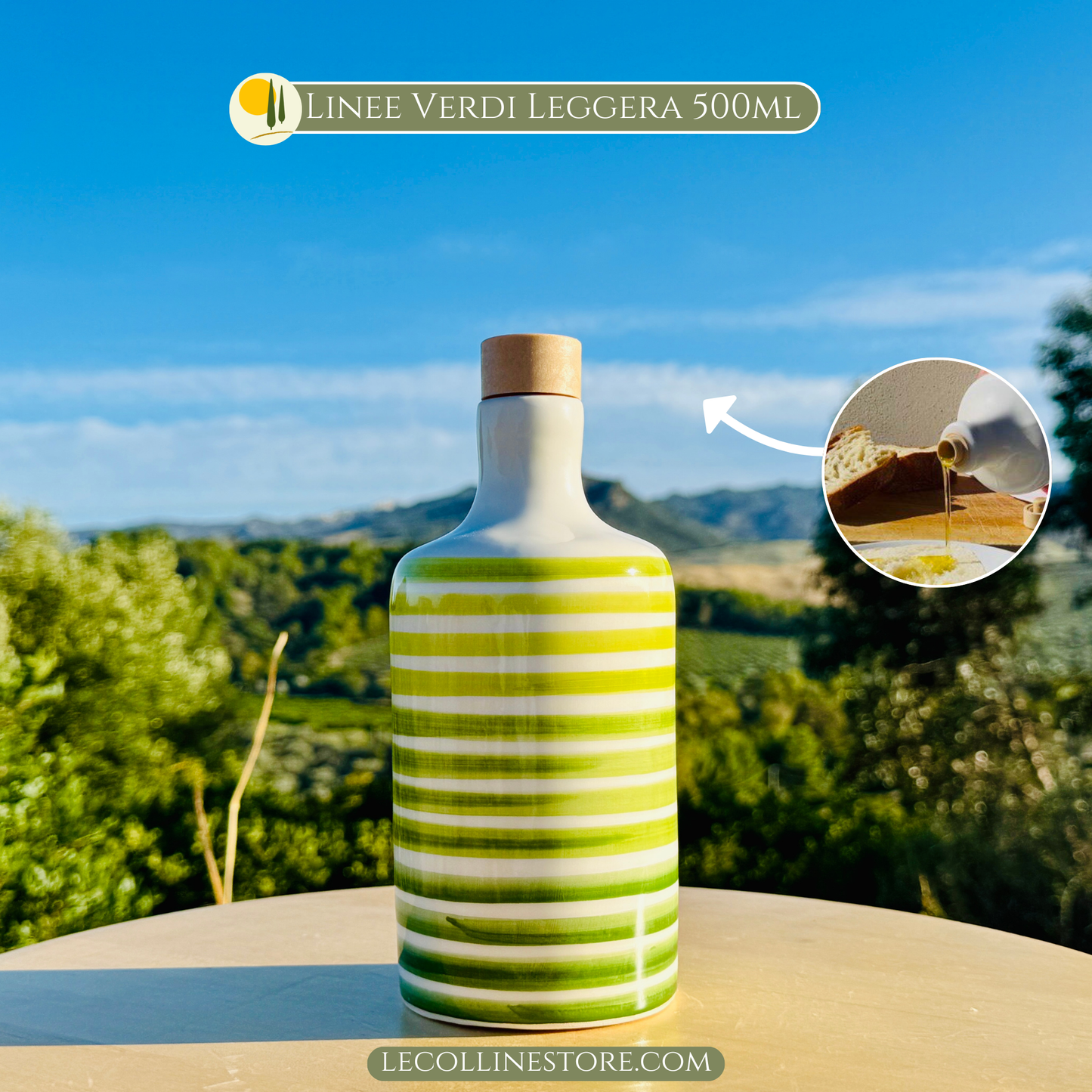 Distributore di olio in bottiglia di ceramica con linee verdi per olio d'oliva fatto a mano in Italia