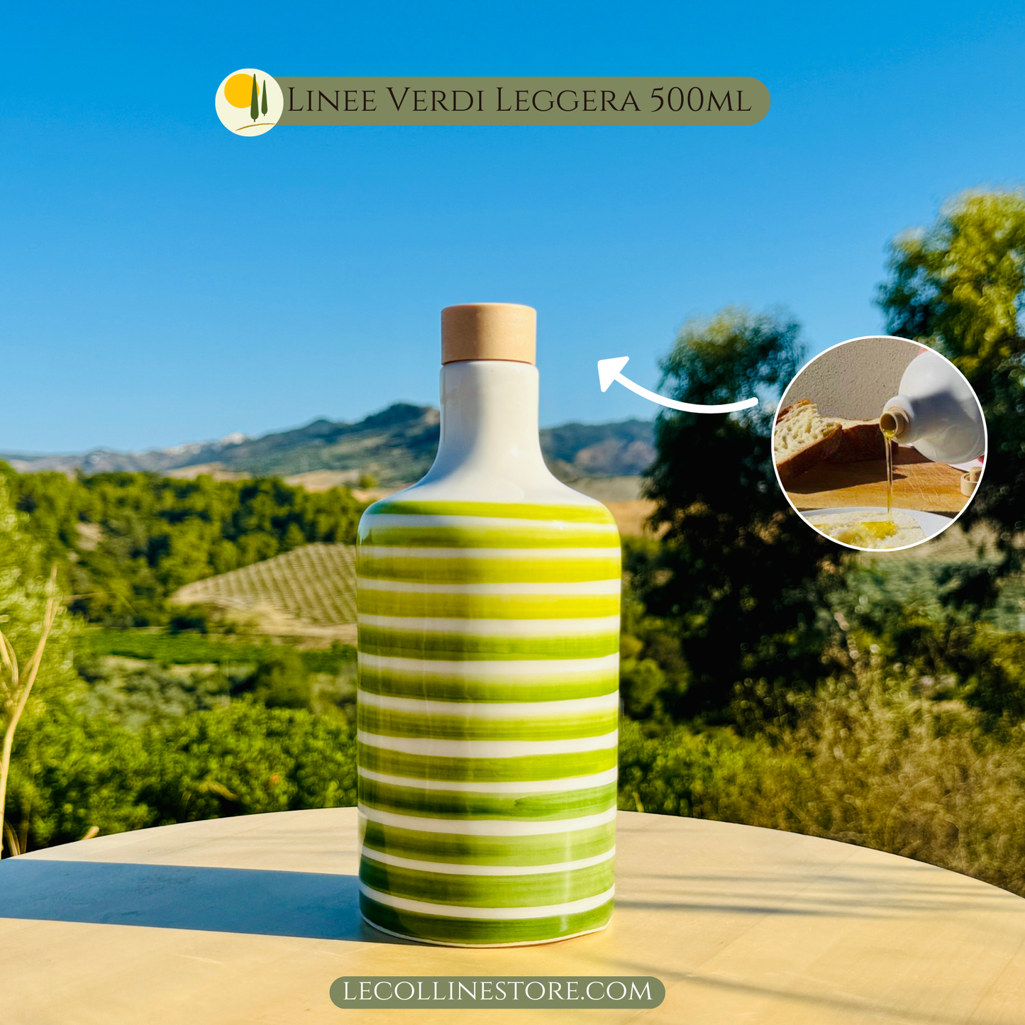 Keramikflasche Ölspender mit grünen Linien für Olivenöl handgemacht in Italien