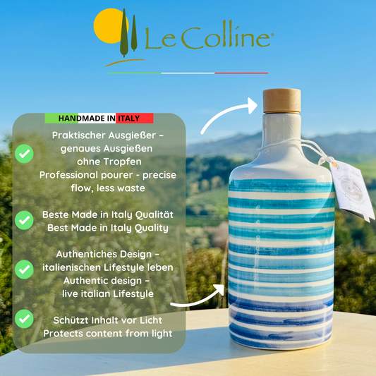 Ceramic bottle oil dispenser with blue lines for olive oil handmade in Italy