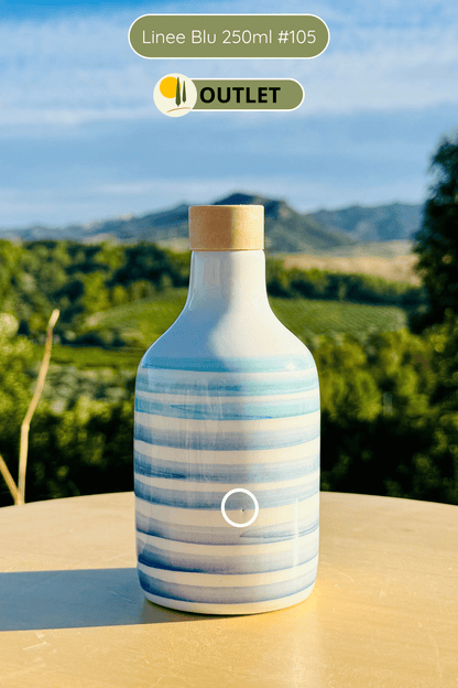 OUTLET - B-WARE Keramikflasche Ölspender mit blauen Linien für Olivenöl handgemacht in Italien