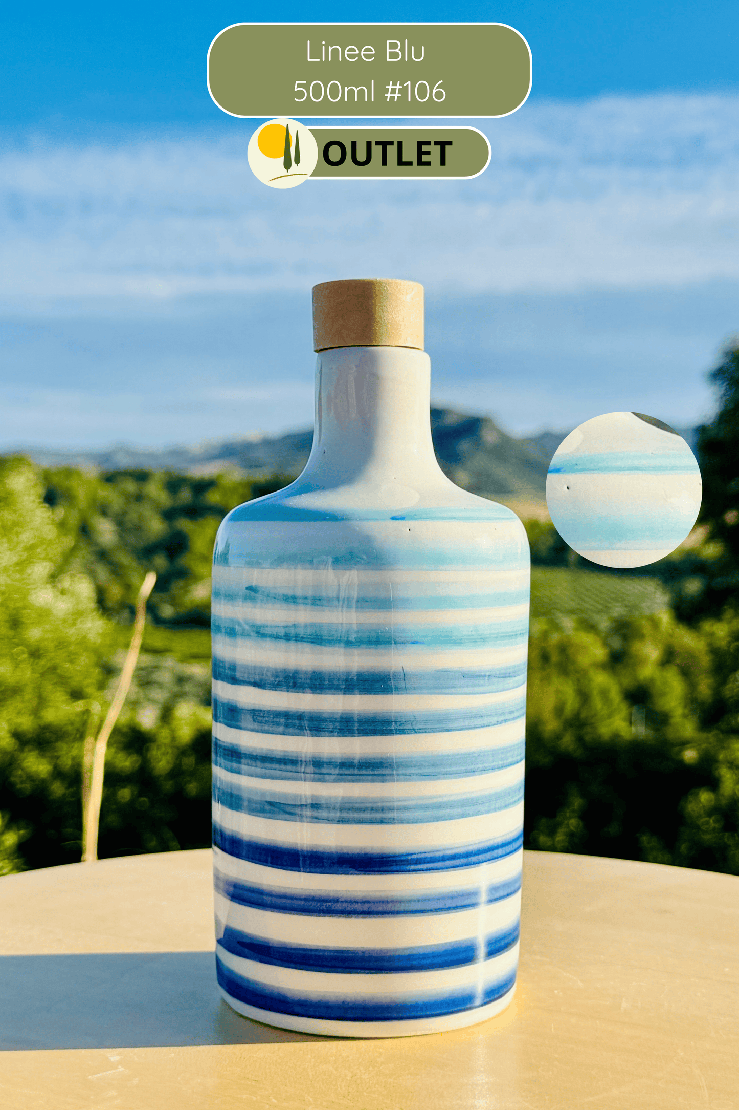 OUTLET - B-WARE Keramikflasche Ölspender mit blauen Linien für Olivenöl handgemacht in Italien