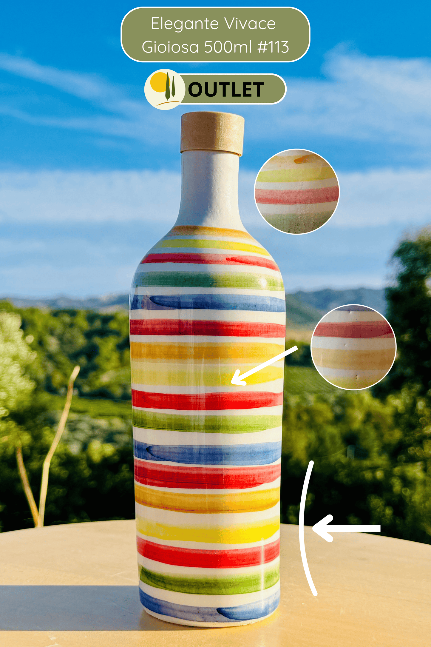 OUTLET - Bunte Keramikflasche Ölspender für Olivenöl handgemacht in Italien "Elegante"