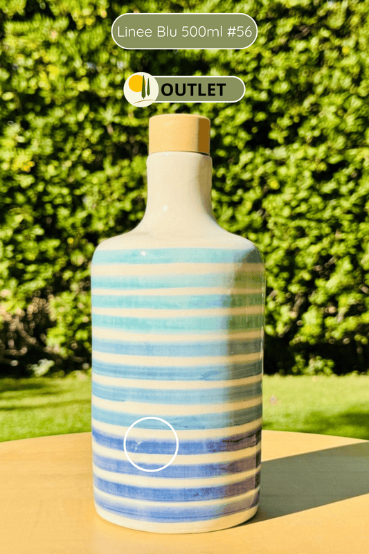Ceramic bottle oil dispenser with blue lines for olive oil handmade in Italy