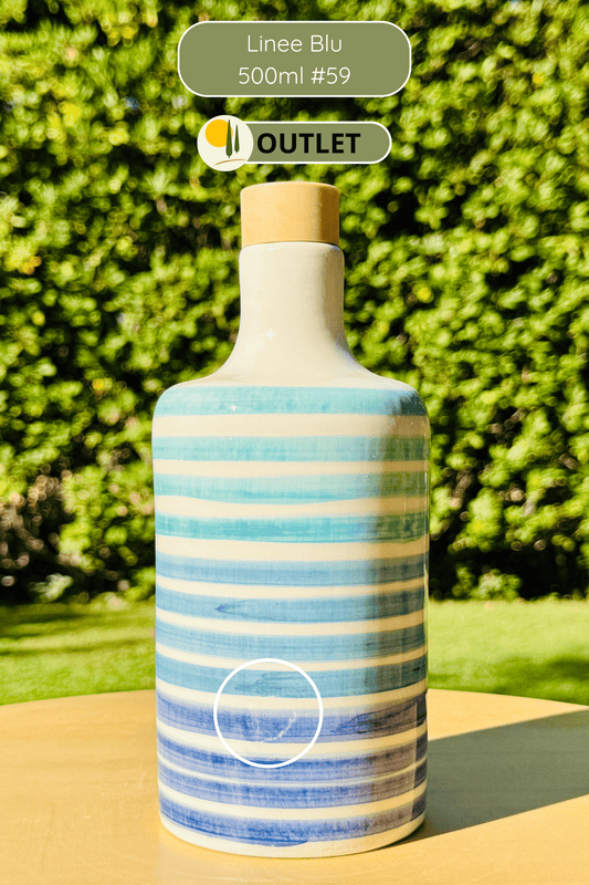 Ceramic bottle oil dispenser with blue lines for olive oil handmade in Italy