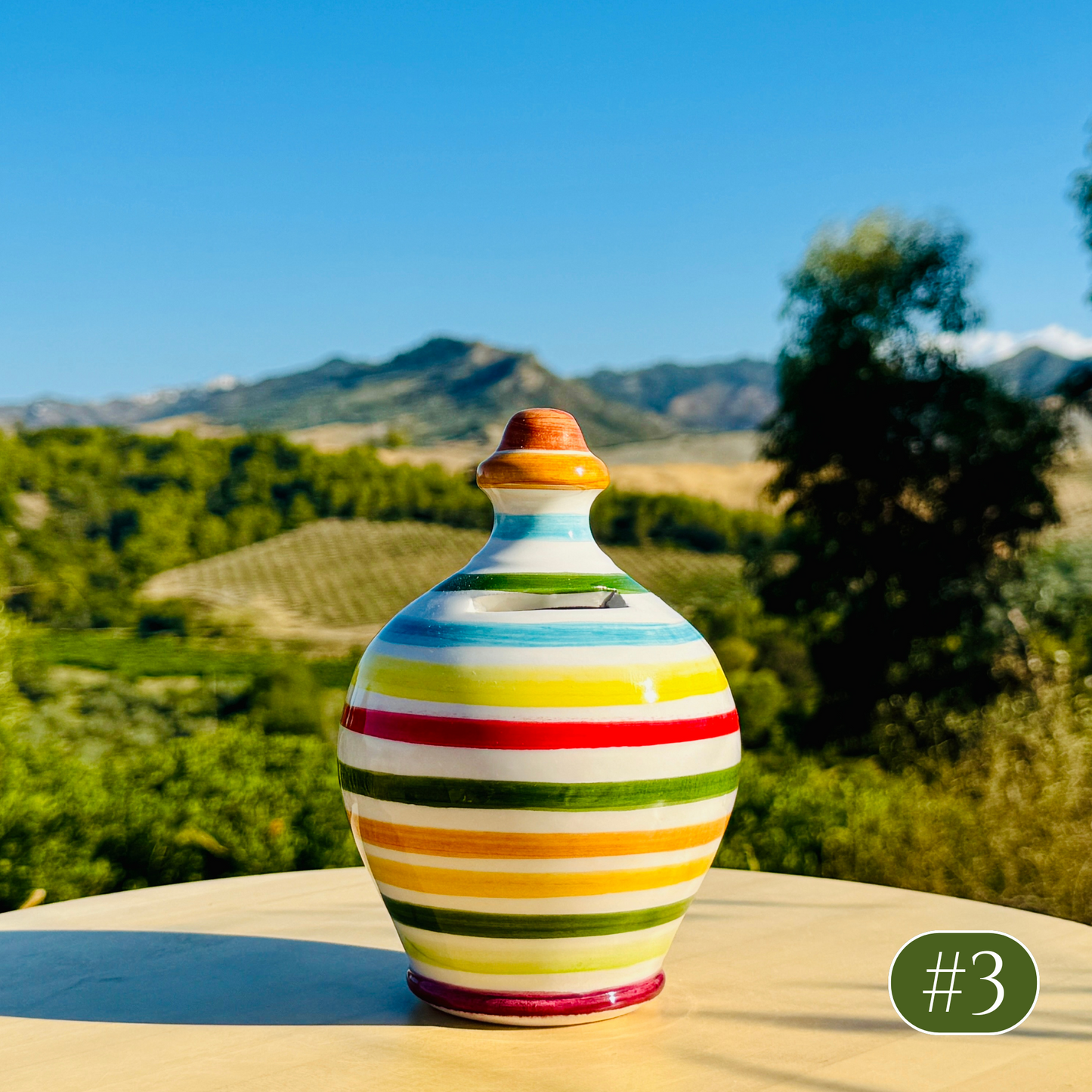 Ceramic bottle "Linee Verdi o Blu" for olive oil handmade in Italy