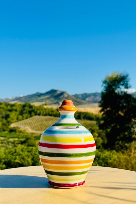Ceramic bottle "Linee Verdi o Blu" for olive oil handmade in Italy