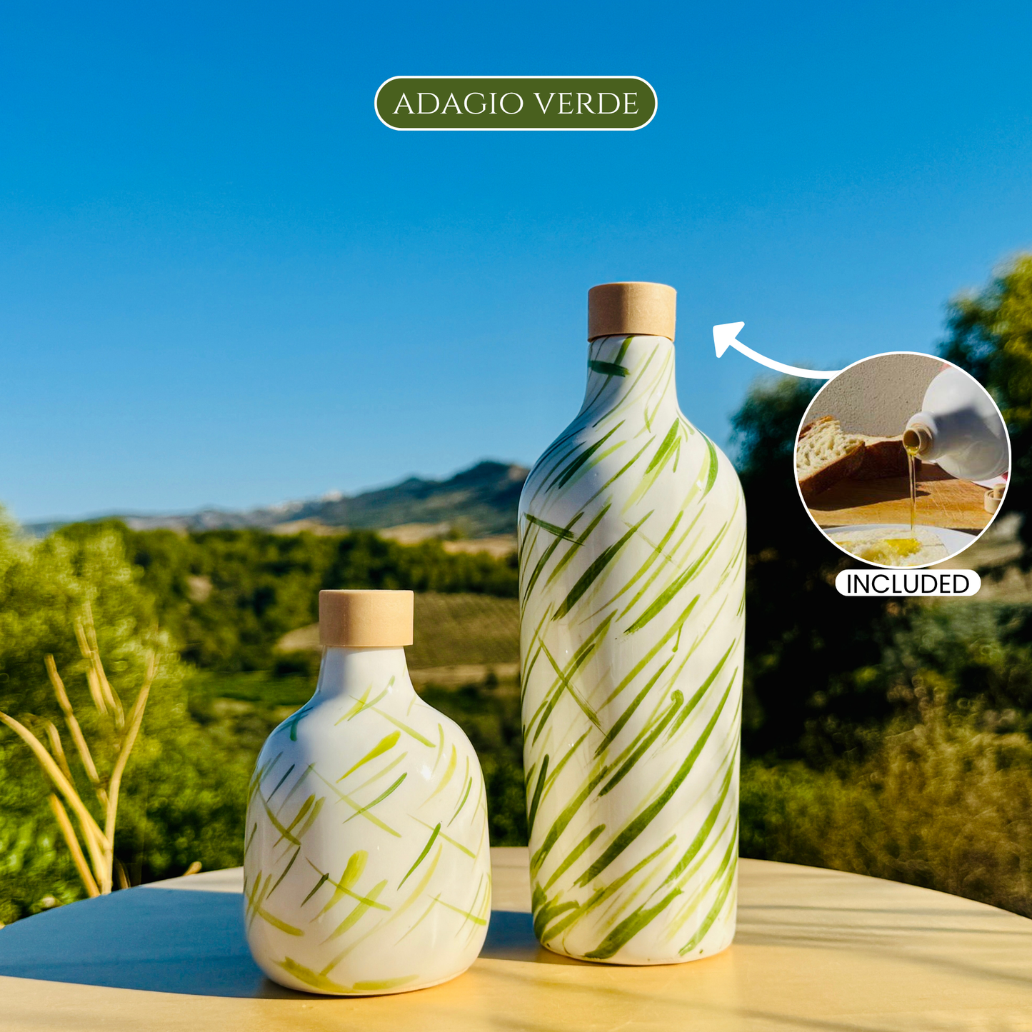 Distributore di olio in bottiglia di ceramica colorata "Vivace" per olio d'oliva fatto a mano in Italia