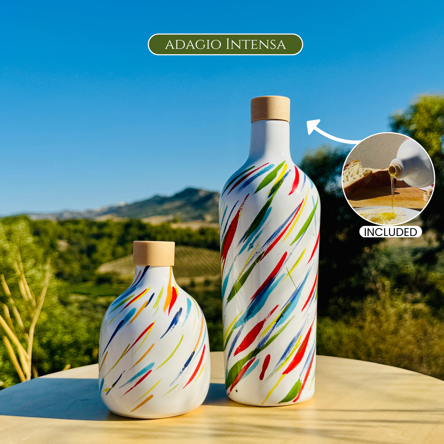 Distributore di olio in bottiglia di ceramica colorata "Vivace" per olio d'oliva fatto a mano in Italia