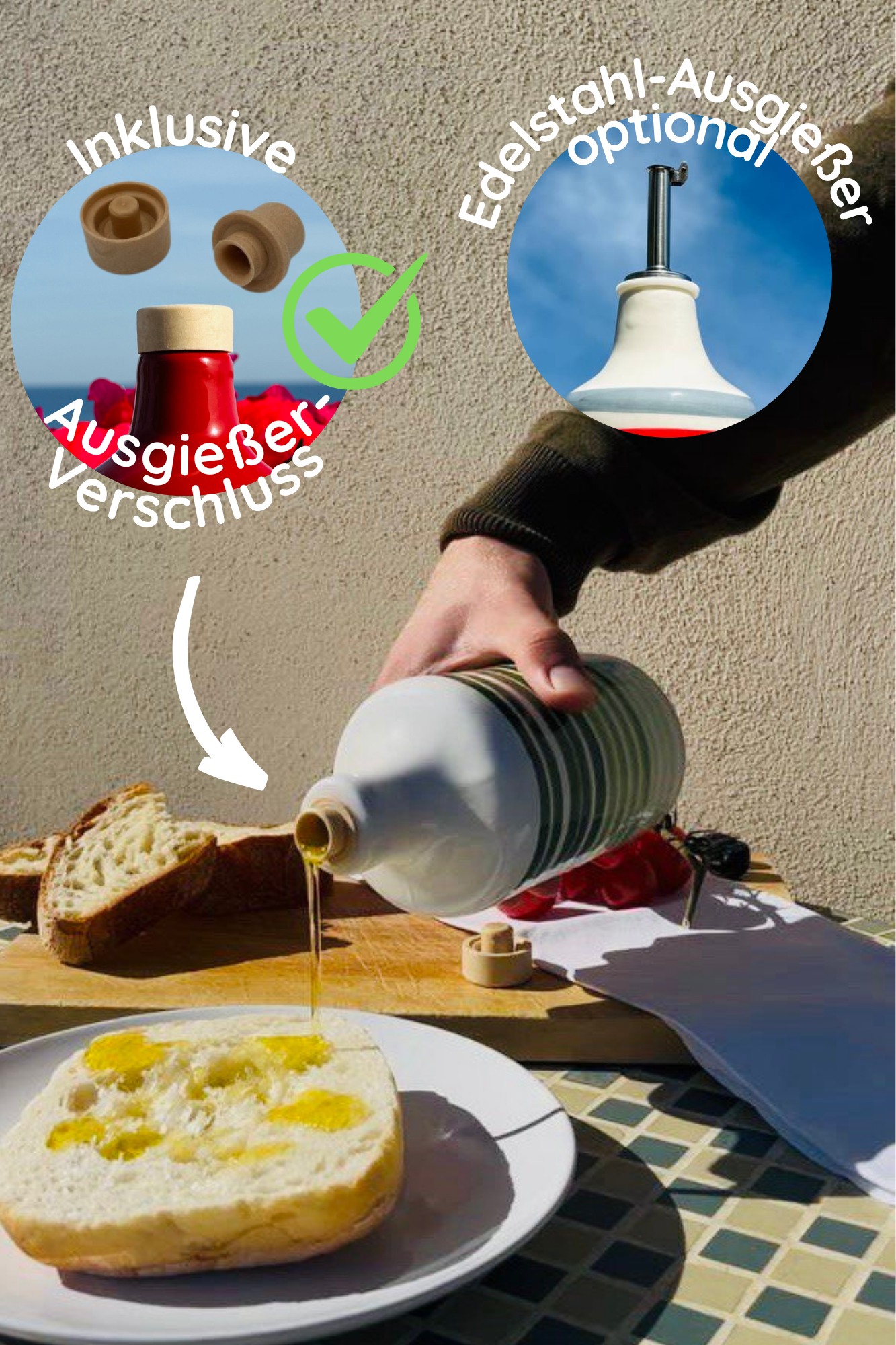 Keramikflasche Ölspender mit blauen Linien für Olivenöl handgemacht in Italien