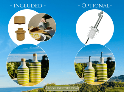 Distributore di olio in bottiglia di ceramica con linee verdi per olio d'oliva fatto a mano in Italia