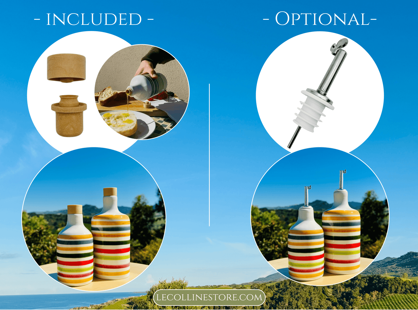 Bottiglia di olio in ceramica colorata per olio d'oliva fatta a mano in Italia