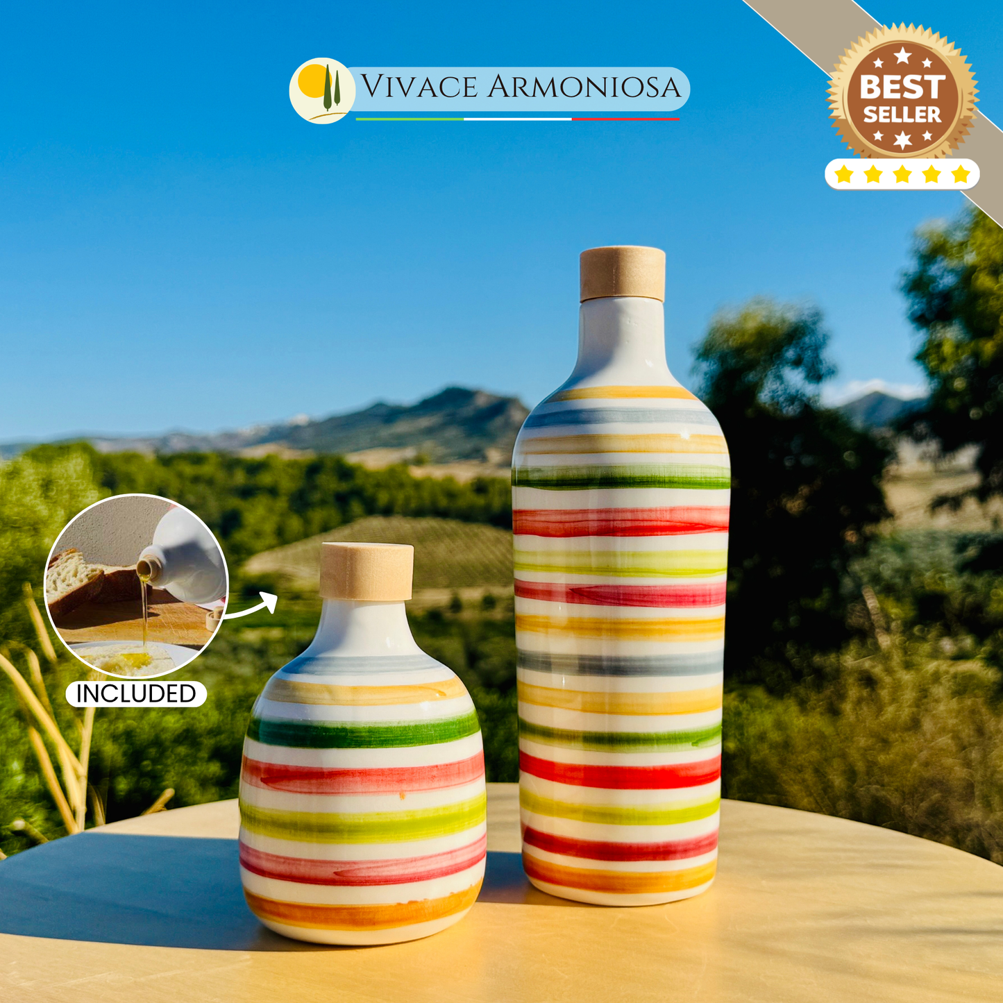 Bunte Keramikflasche Ölspender für Olivenöl handgemacht in Italien "Elegante"