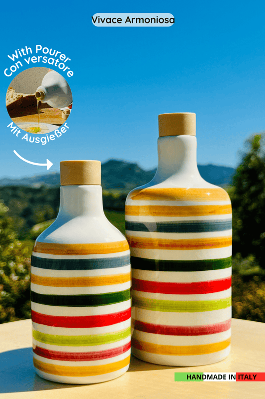 Distributore di olio in bottiglia di ceramica colorata "Vivace" per olio d'oliva fatto a mano in Italia