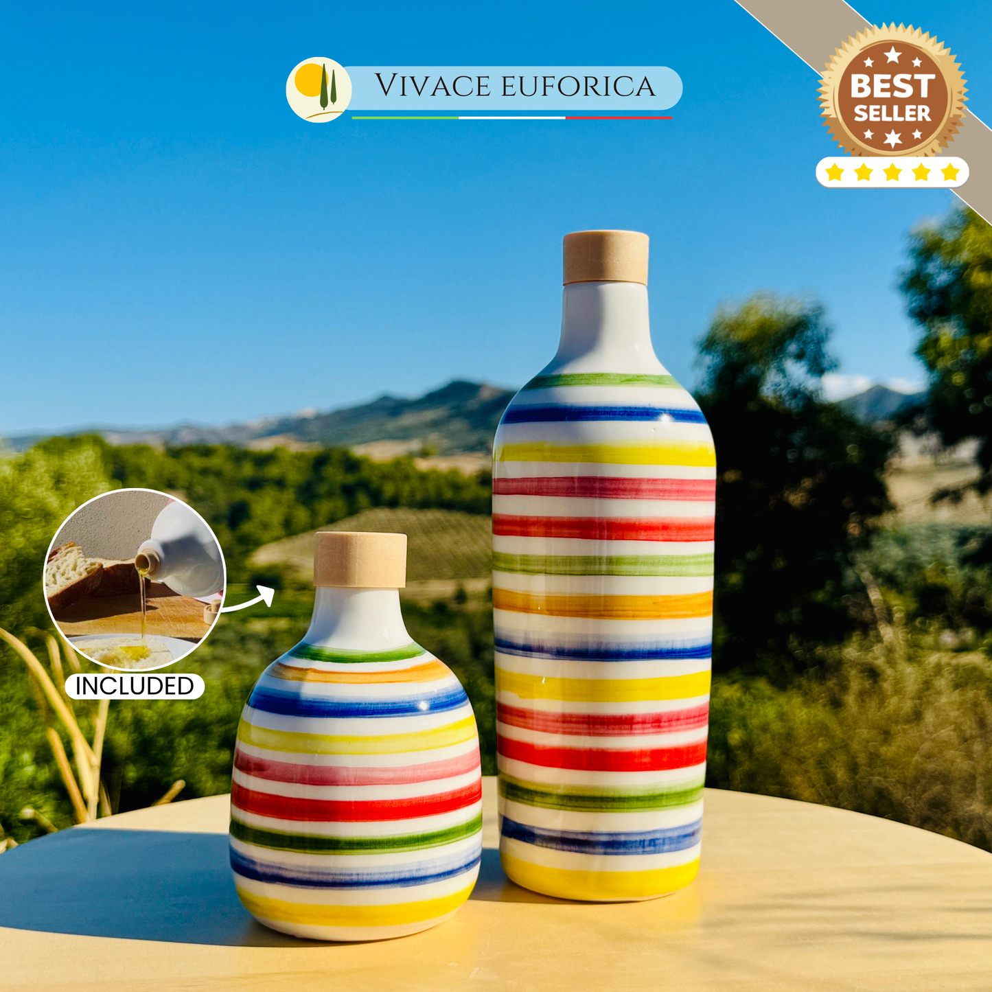 Bunte Keramikflasche Ölspender für Olivenöl handgemacht in Italien "Elegante"