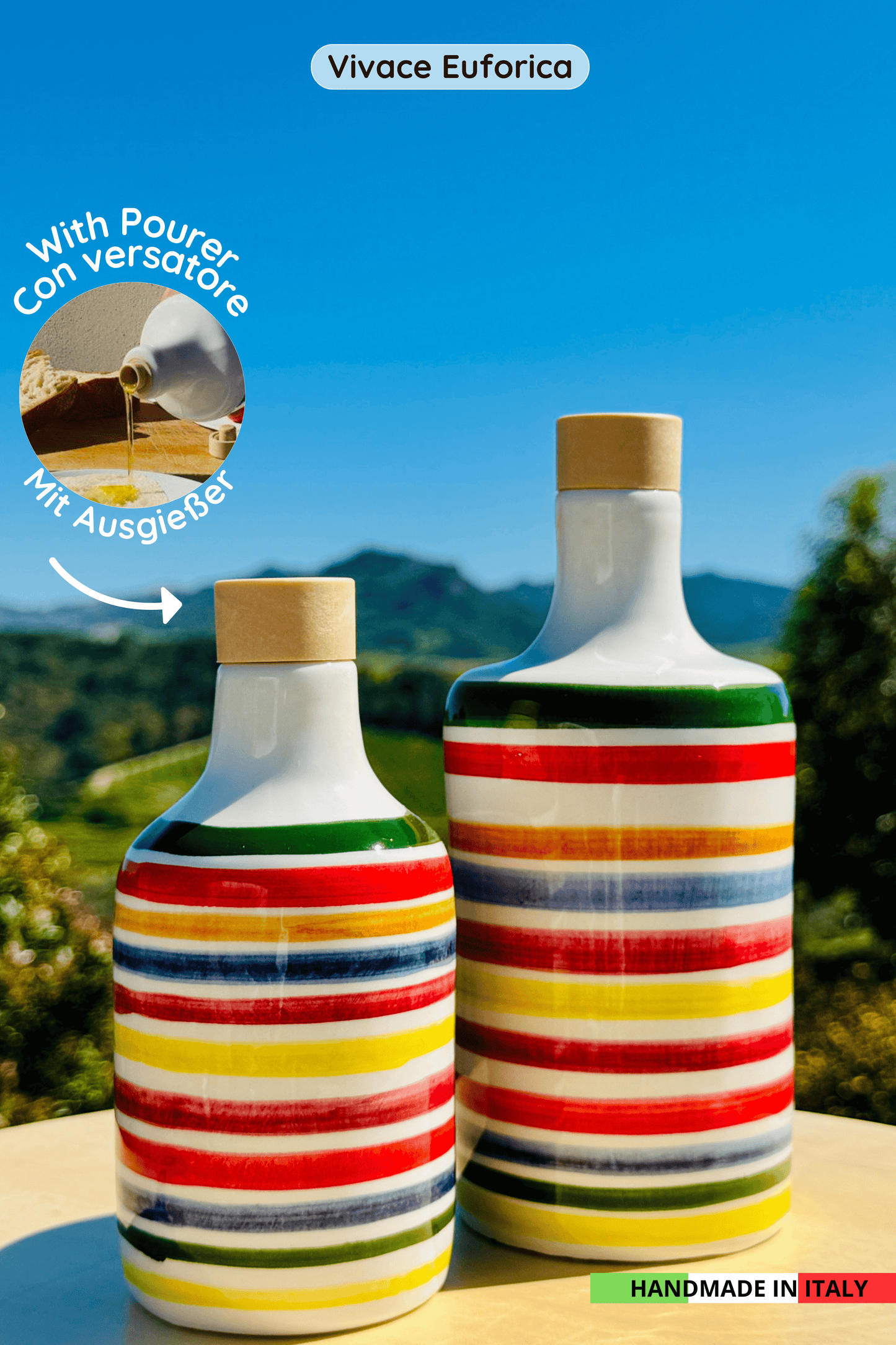 Distributore di olio in bottiglia di ceramica colorata "Vivace" per olio d'oliva fatto a mano in Italia