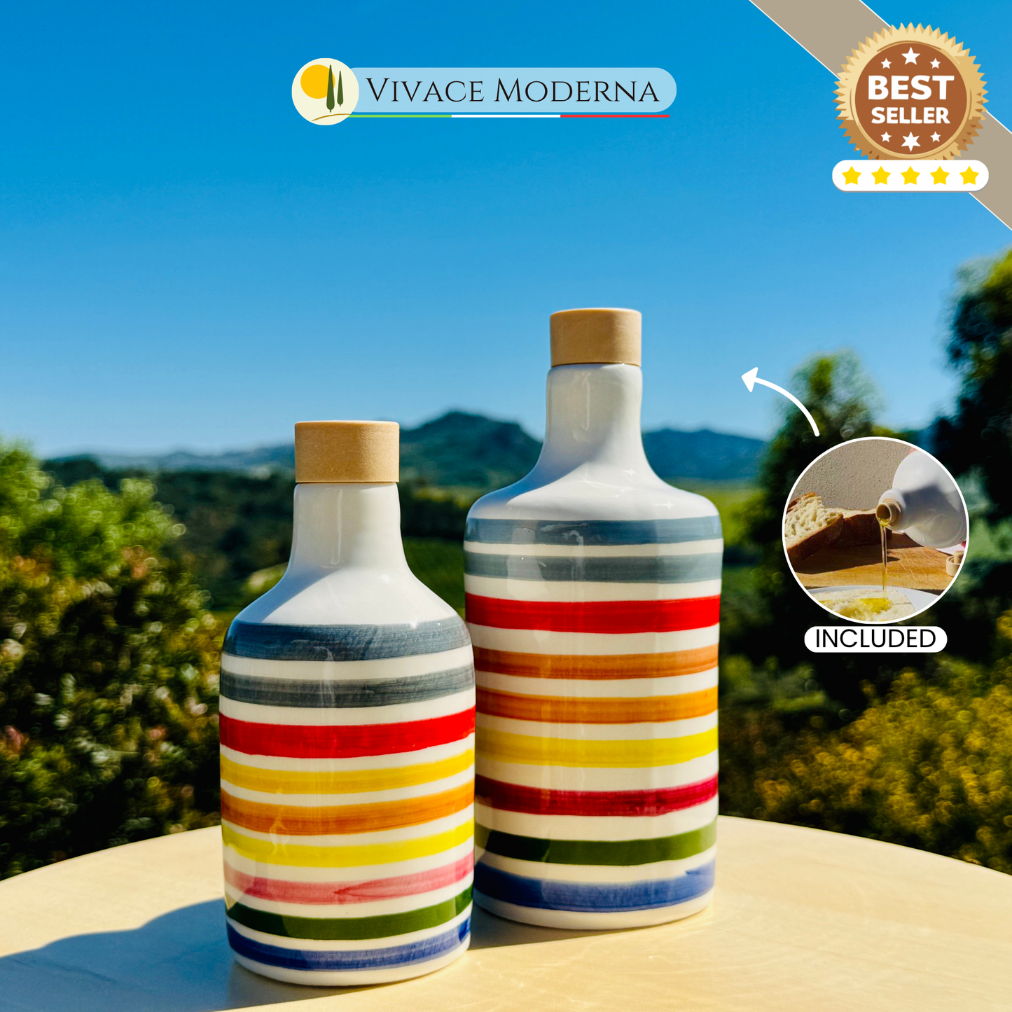 Colorful ceramic bottle oil dispenser for olive oil handmade in Italy