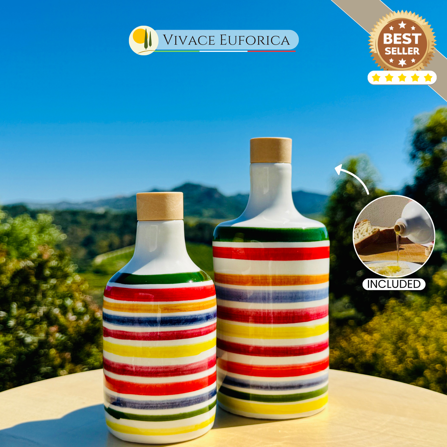 Colorful ceramic bottle oil dispenser for olive oil handmade in Italy