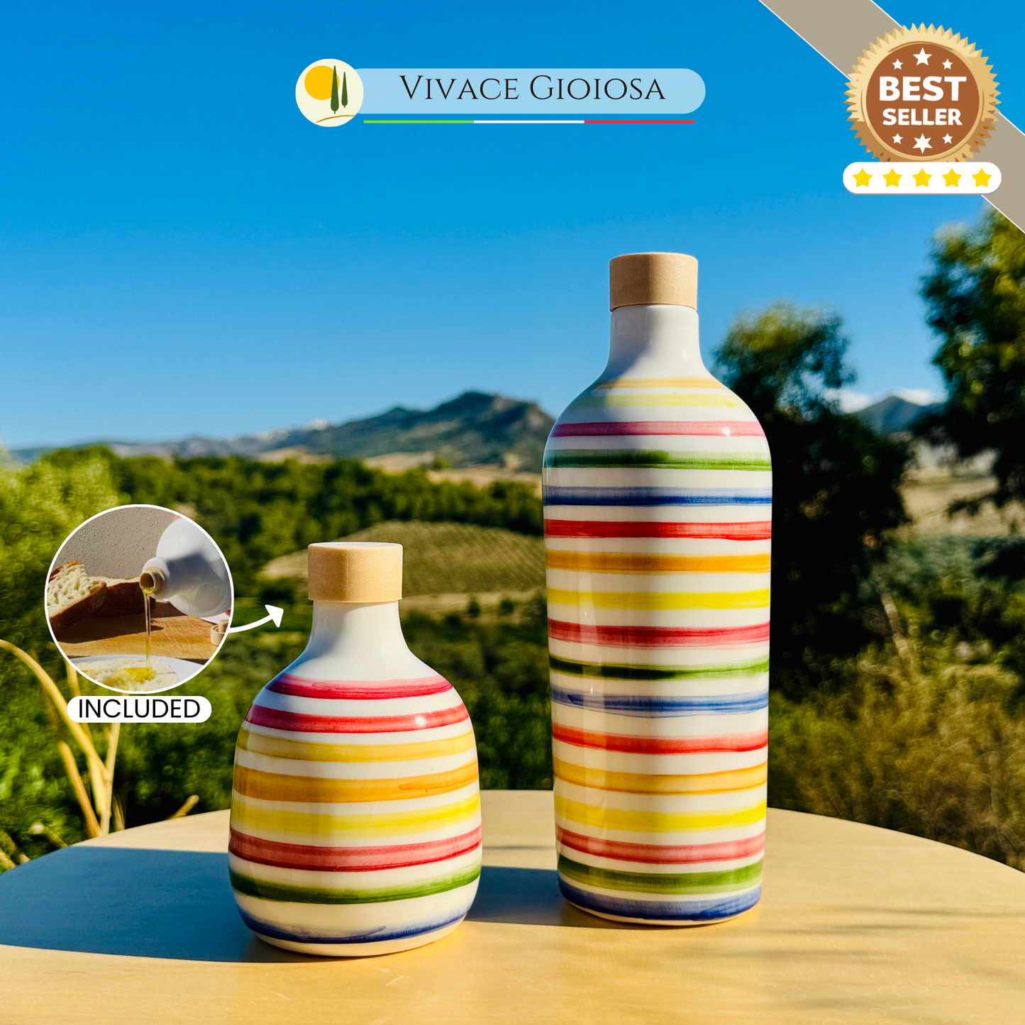 Bunte Keramikflasche Ölspender für Olivenöl handgemacht in Italien "Elegante"