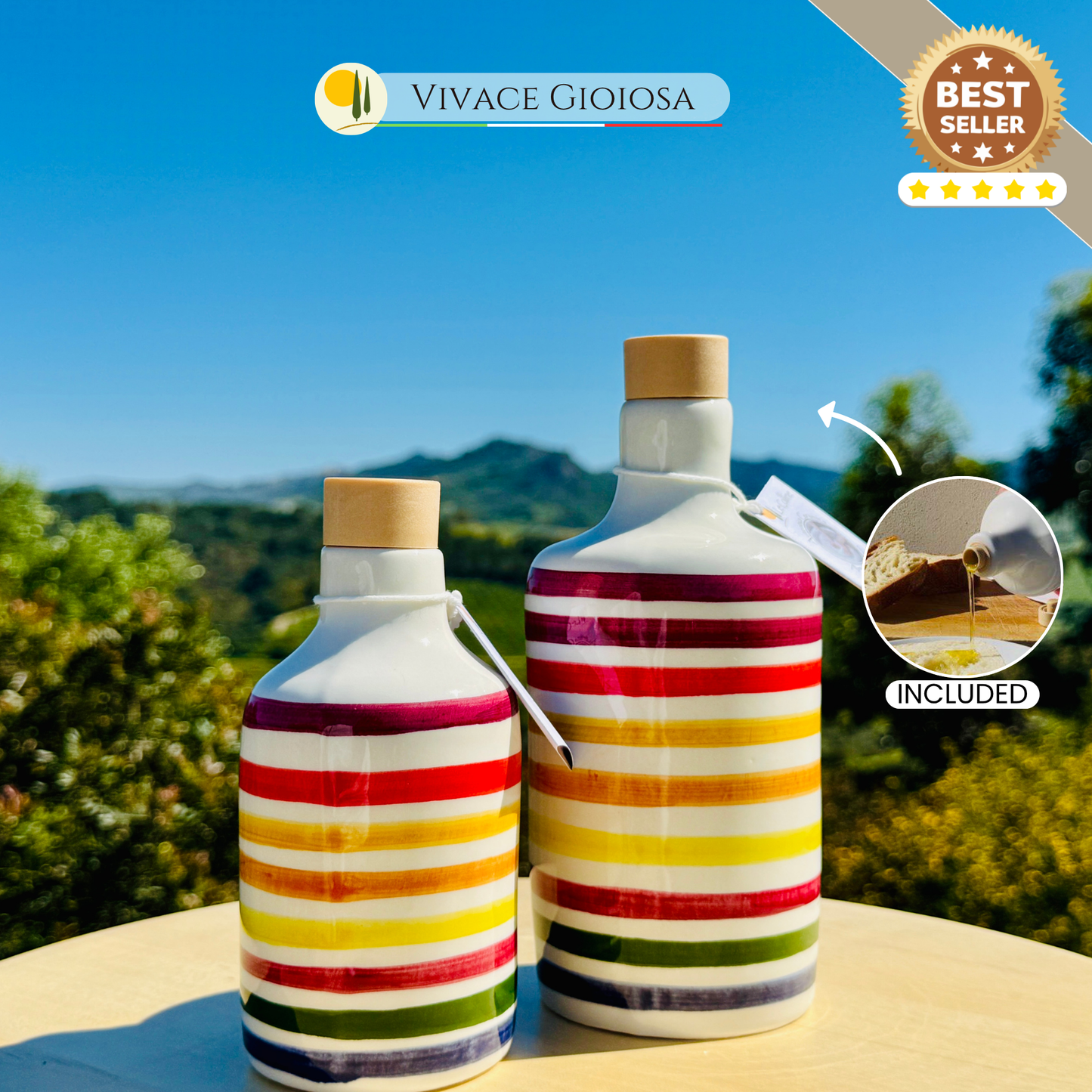 Colorful ceramic bottle oil dispenser for olive oil handmade in Italy