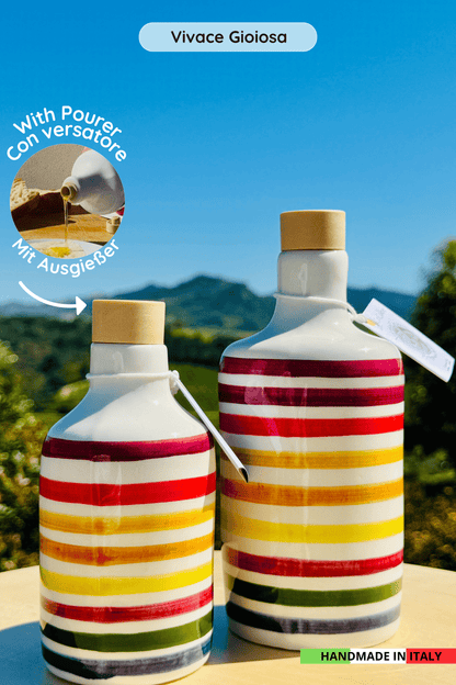 Distributore di olio in bottiglia di ceramica colorata "Vivace" per olio d'oliva fatto a mano in Italia