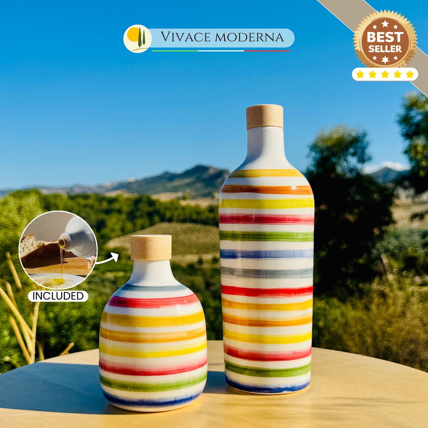 Bunte Keramikflasche Ölspender für Olivenöl handgemacht in Italien "Elegante"