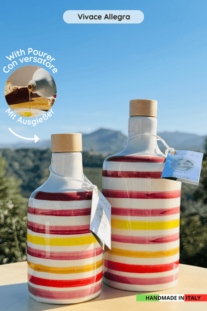 Distributore di olio in bottiglia di ceramica colorata "Vivace" per olio d'oliva fatto a mano in Italia