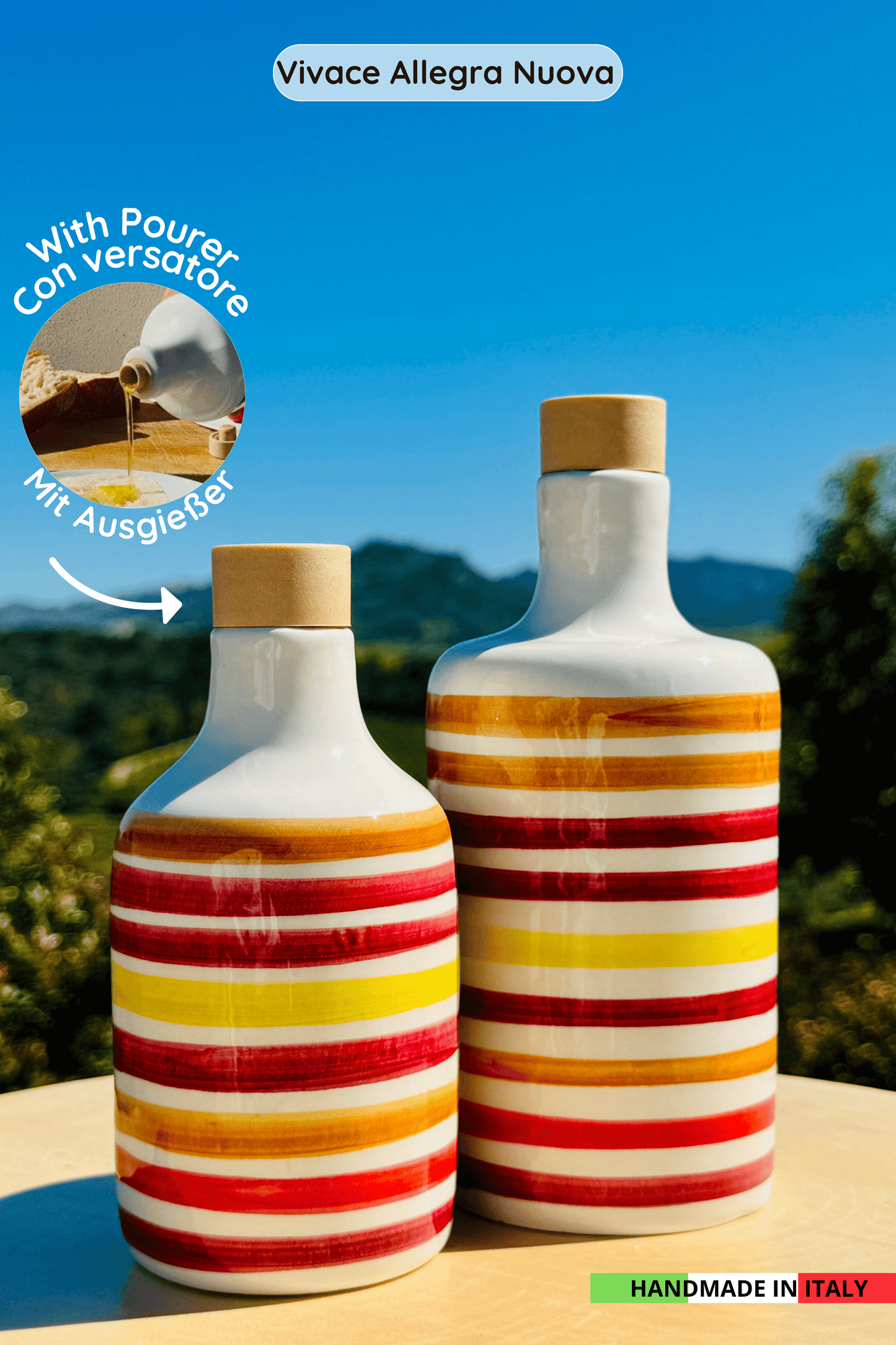 Distributore di olio in bottiglia di ceramica colorata "Vivace" per olio d'oliva fatto a mano in Italia