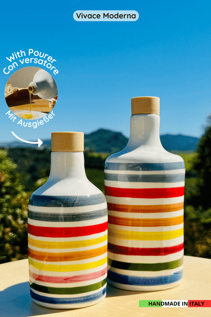 Distributore di olio in bottiglia di ceramica colorata "Vivace" per olio d'oliva fatto a mano in Italia