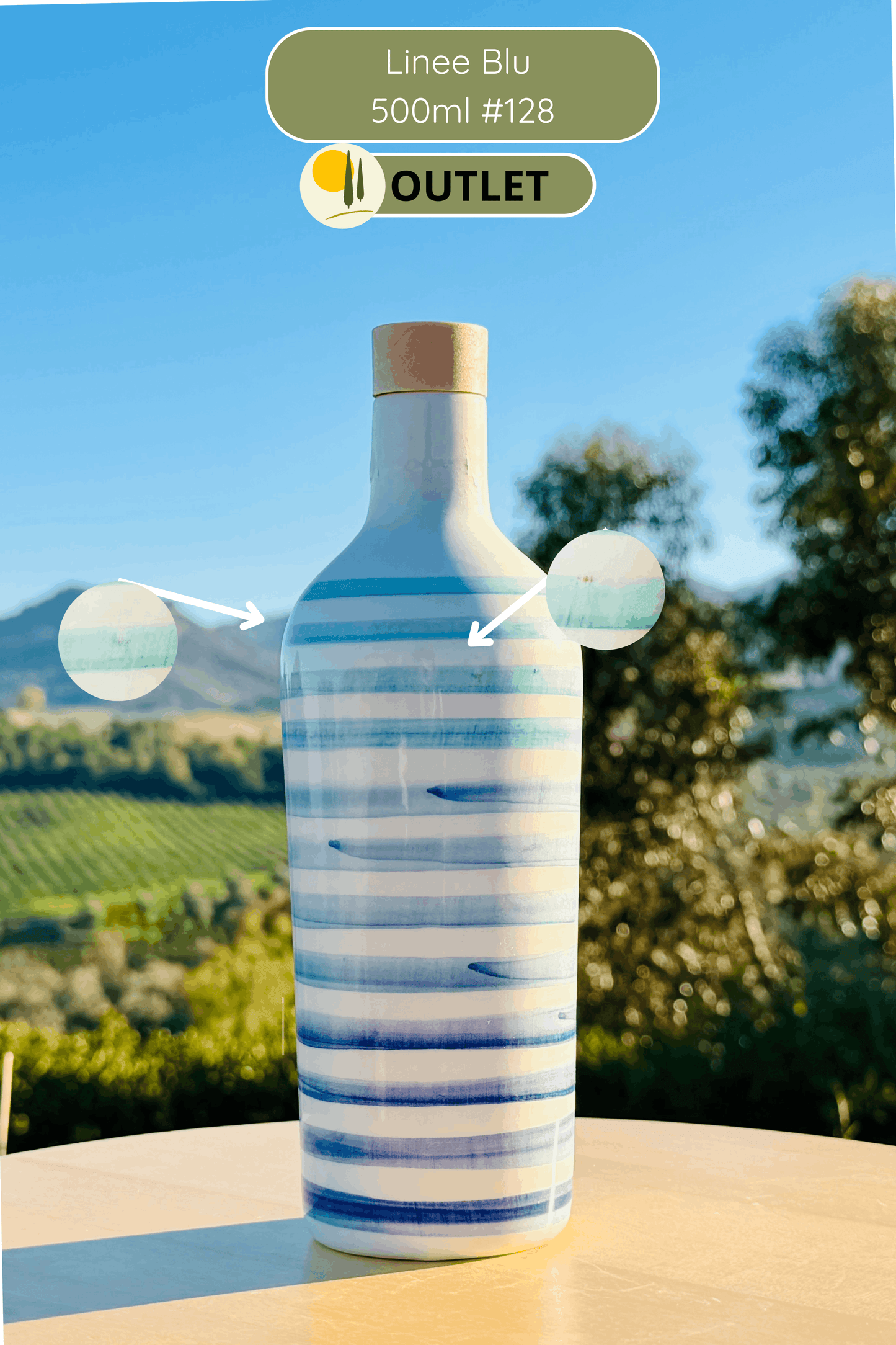 OUTLET Le Colline – "Linee Blu Elegante" Keramik Ölflasche mit Ausgießer | Handbemalter Ölspender Italienisches Design