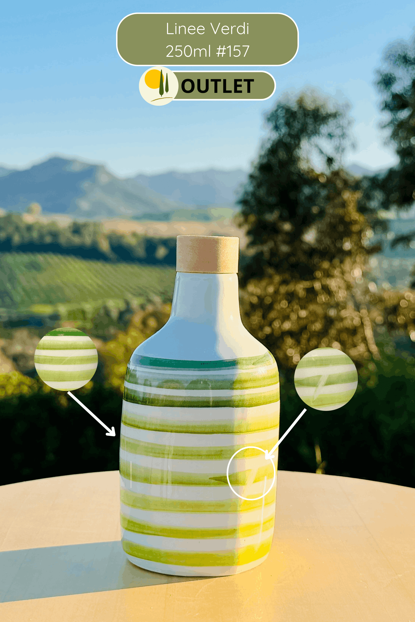 OUTLET - B-WARE Keramikflasche Ölspender mit grünen Linien für Olivenöl handgemacht in Italien