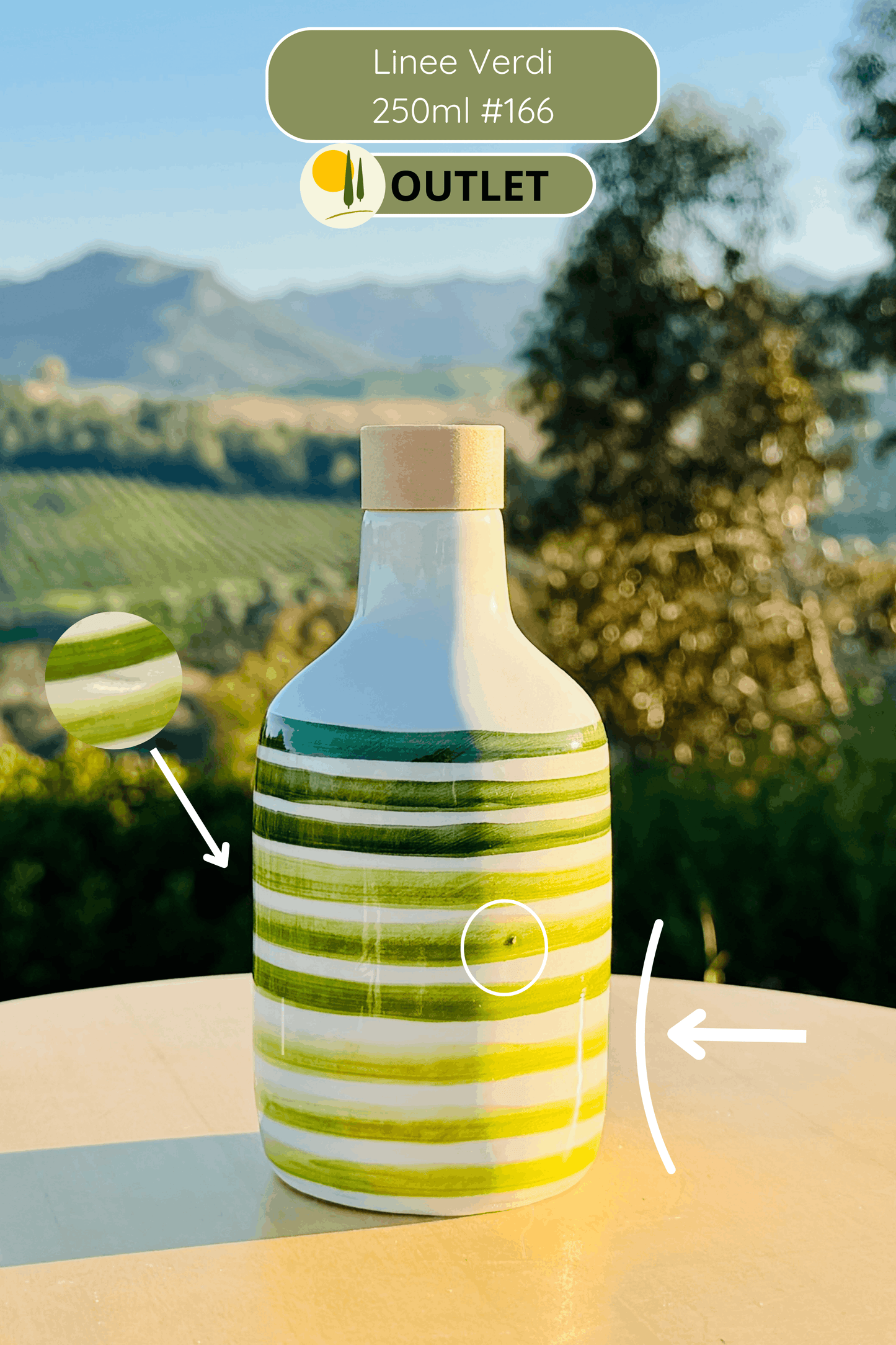 OUTLET - B-WARE Keramikflasche Ölspender mit grünen Linien für Olivenöl handgemacht in Italien