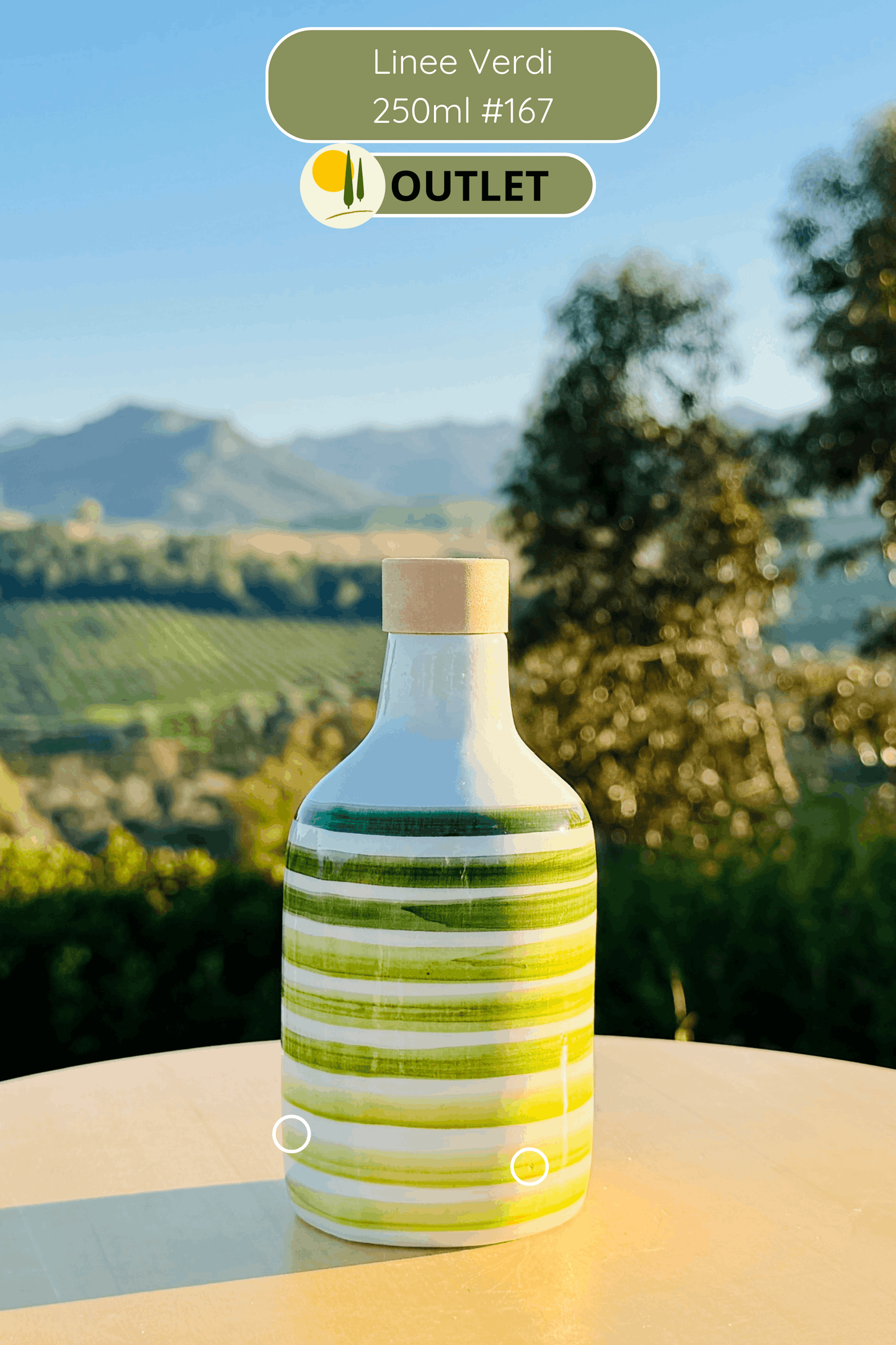 OUTLET - B-WARE Keramikflasche Ölspender mit grünen Linien für Olivenöl handgemacht in Italien