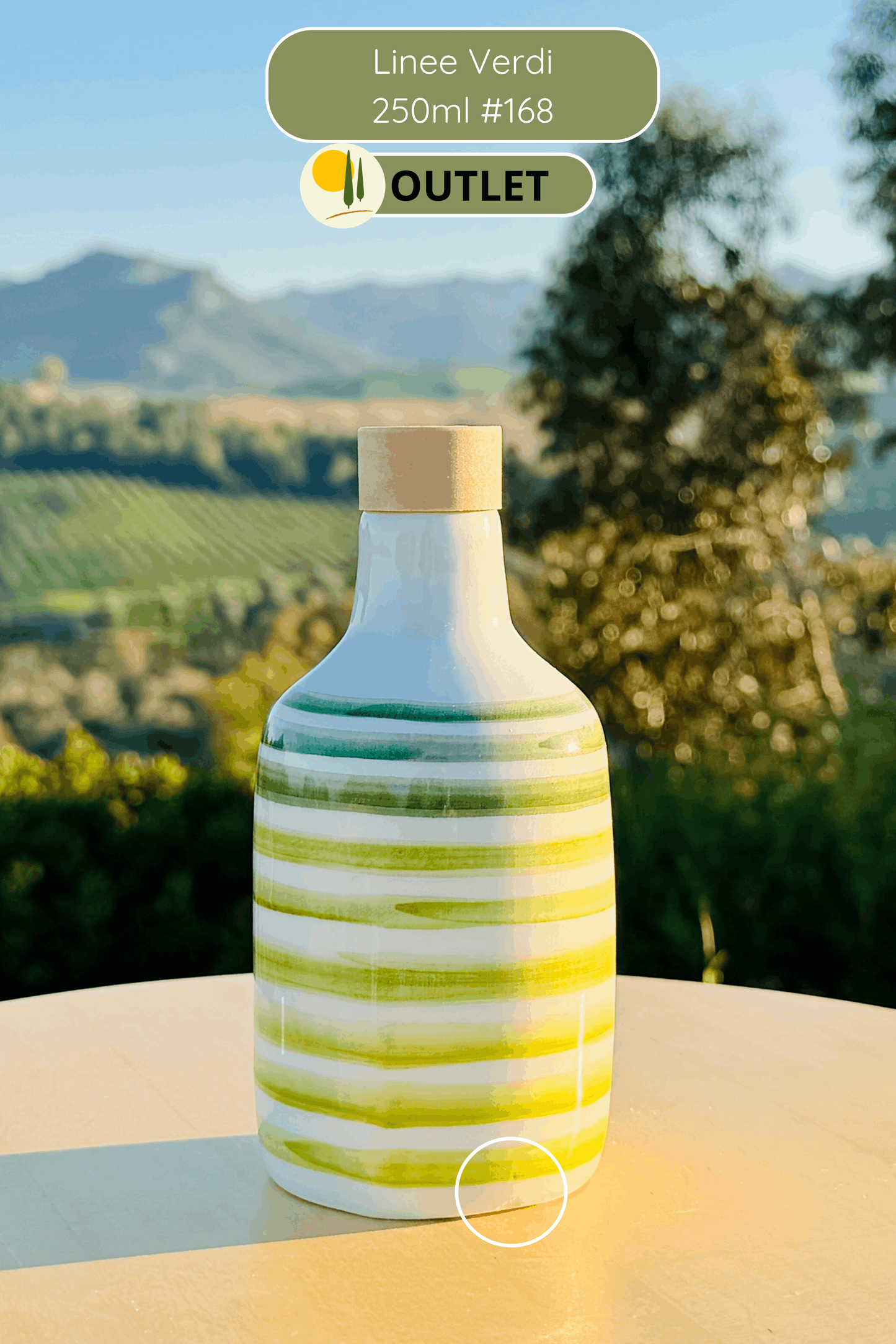 OUTLET - B-WARE Keramikflasche Ölspender mit grünen Linien für Olivenöl handgemacht in Italien