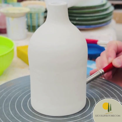 Ceramic bottle oil dispenser with blue lines for olive oil handmade in Italy