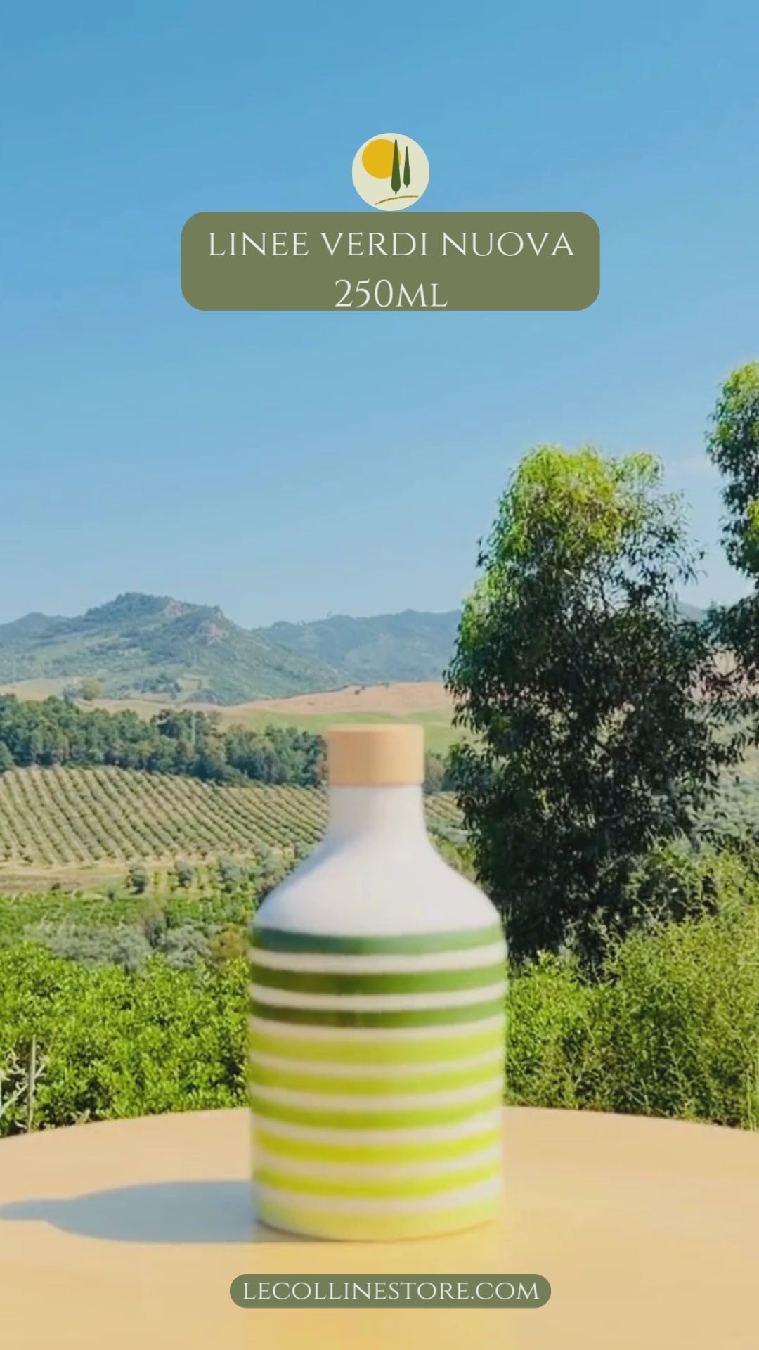 video of handcrafted ceramic bottles with layered green stripes and glossy finish, photographed in natural outdoor light.