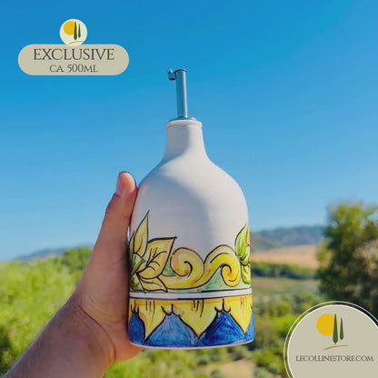 EXCLUSIVE Keramikflasche Ölspender für Olivenöl handbemalt maiolica Decor